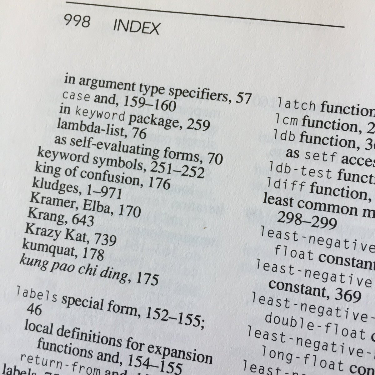 Photo of a page of CLtL2's Index, listing "kludges" as pages 1 to 971