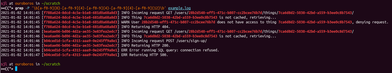 Screenshot of grep-colored log output